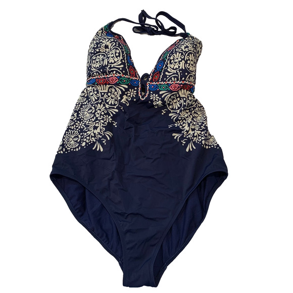 Boden Women's String One Piece Swimsuit Size 16 18 US Halter Blue Boho Print - Picture 2 of 5